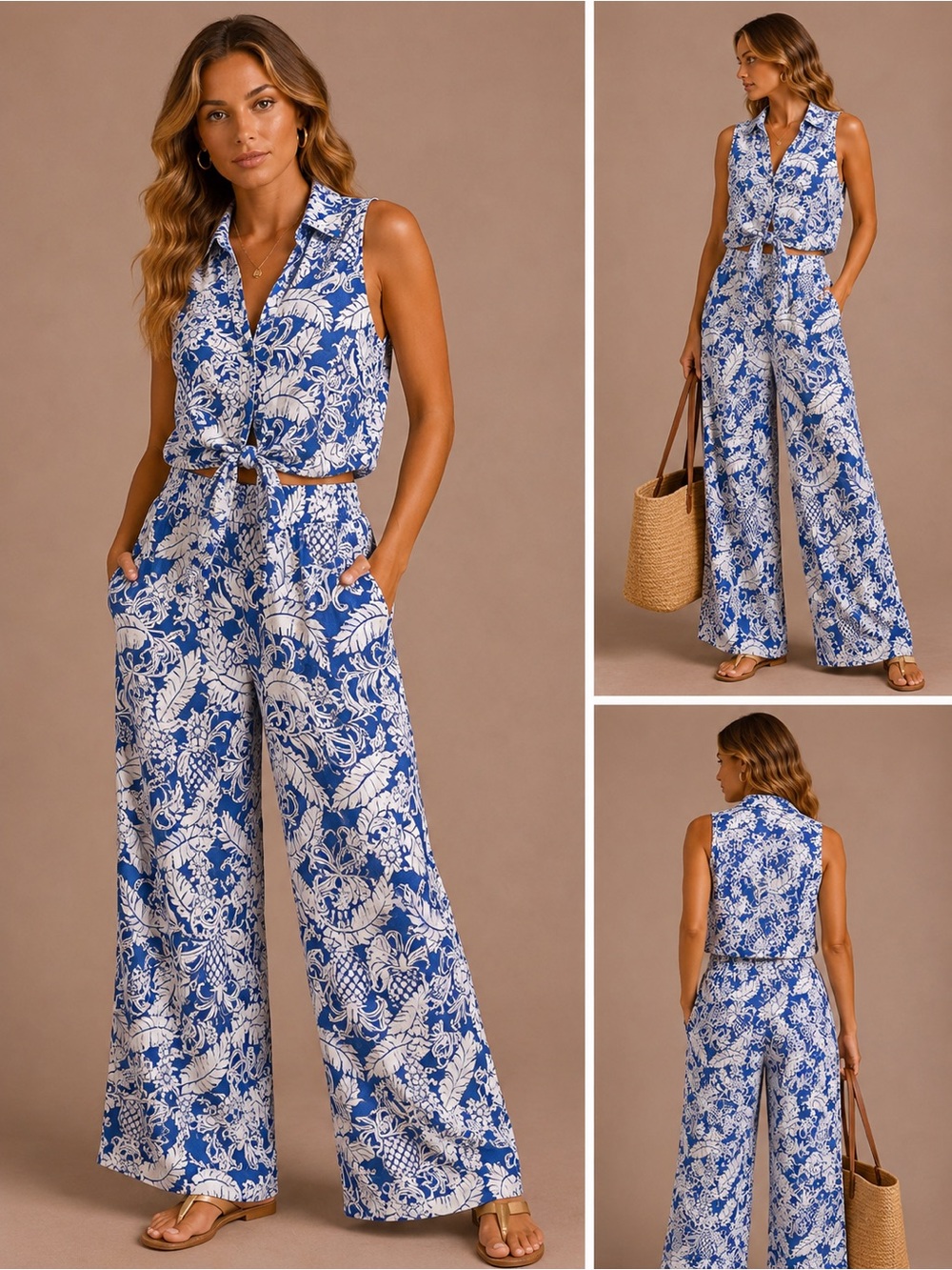 Rachel Zoe Blue and White Floral Collared Wide‑Leg Jumpsuit